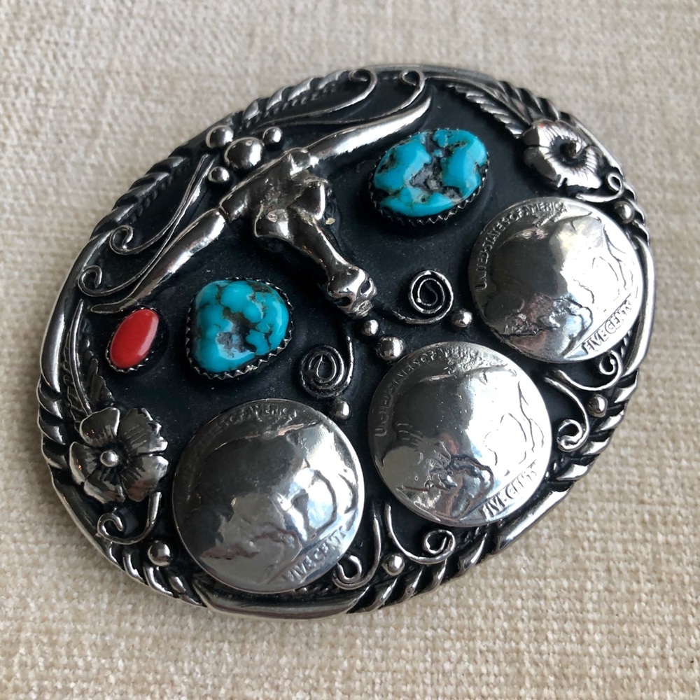 Turquoise and coral longhorn belt buckle